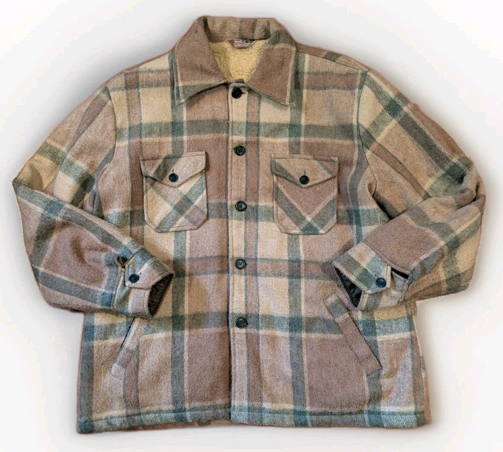 Vintage Van Cort Plaid Wool Blend Sherpa Lined Shirt Jacket Mens XL Taiwan
